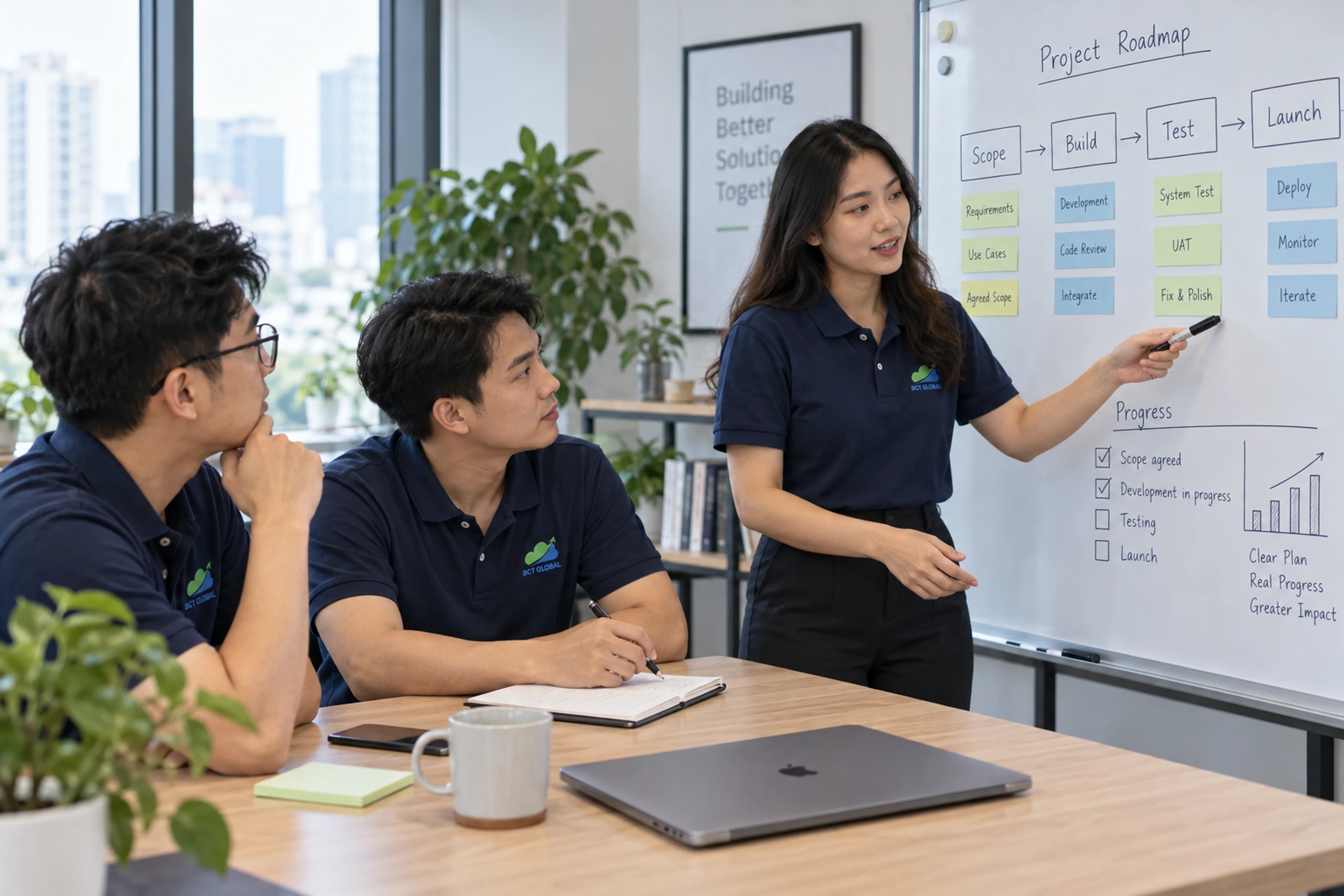Illustrative team discussing a development plan